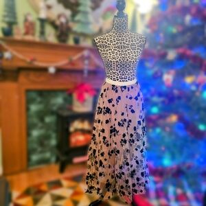 Floral Tulle Mesh Midi Skirt - Taupe and Black